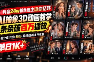 抖音24w粉丝博主逗你亿吓AI抽象3D动画教学，条条破百万播放，分成计划…