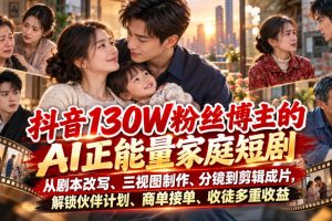 抖音130W粉丝博主深夜故事茶馆·AI正能量家庭短剧，从剧本改写、三视图…