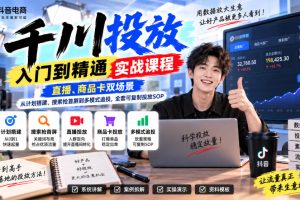 千川投放入门到精通实战课程，直播、商品卡双场景，从计划搭建、搜索抢…