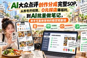 AI大众点评创作分成完整SOP，从养号开权限、0元探店薅福利，到AI批量做…