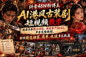 抖音48W粉博主好英俊pro的AI港风邵氏古装剧短视频教学，配套全套提示词…