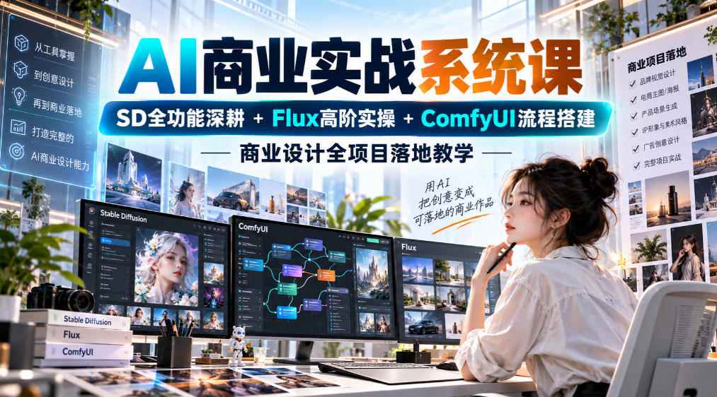 AI商业实战系统课SD全功能深耕+Flux高阶实操+Comfyui流程搭建,商业设计全项目落地教学