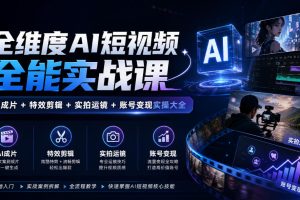 全维度AI短视频全能实战课,AI成片+特效剪辑+实拍运镜+账号变现实操大…