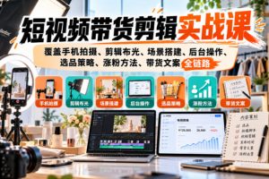 短视频带货剪辑实战课，覆盖手机拍摄、剪辑布光、场景搭建、后台操作、…