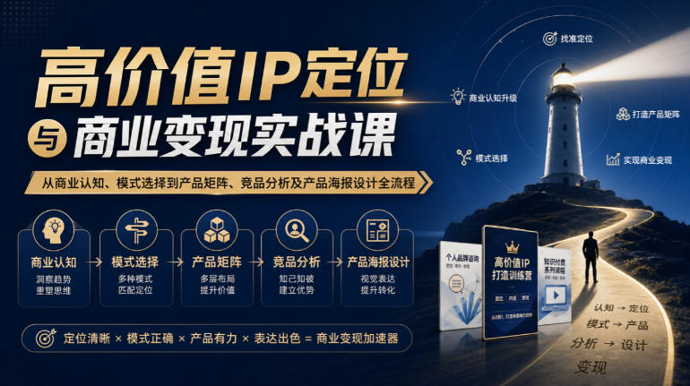 高价值IP定位与商业变现实战课，从商业认知、模式选择到产品矩阵、竞品分析及产品海报设计全流程
