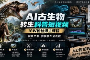 AI古生物转生科普短视频，18W粉丝博主课程，视频文案、剪辑发布全流程…