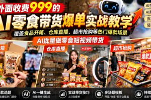 外面收费999的AI零食带货爆单实战教学，覆盖食品开箱、仓库直播、超市抢购等热门爆款场景，AI批量做零食短视频带货（更新1019）
