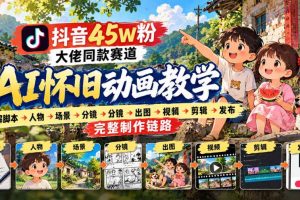 抖音45W粉大佬同款赛道AI怀旧动画实战课：拆解脚本→人物→场景→分镜…