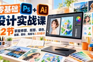 零基础PS+AI设计实战课｜22节掌握修图、抠图、调色、插画、图标、海报…