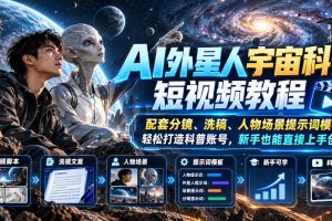 AI外星人宇宙科普短视频教程，配套分镜、洗稿、人物场景提示词模板，轻…