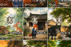 抖音某博主的AI寓言故事动画教学，涵盖封面设计、AI动画生成、工具、低…