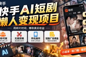 快手AI短剧懒人变现项目,0粉可做,无需剪辑直接搬运,手机简单操作靠…