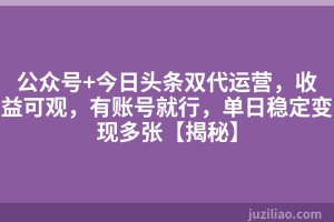 公众号+今日头条双代运营，收益可观，有账号就行，单日稳定变现多张【揭秘】