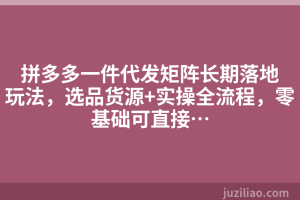 拼多多一件代发矩阵长期落地玩法，选品货源+实操全流程，零基础可直接…